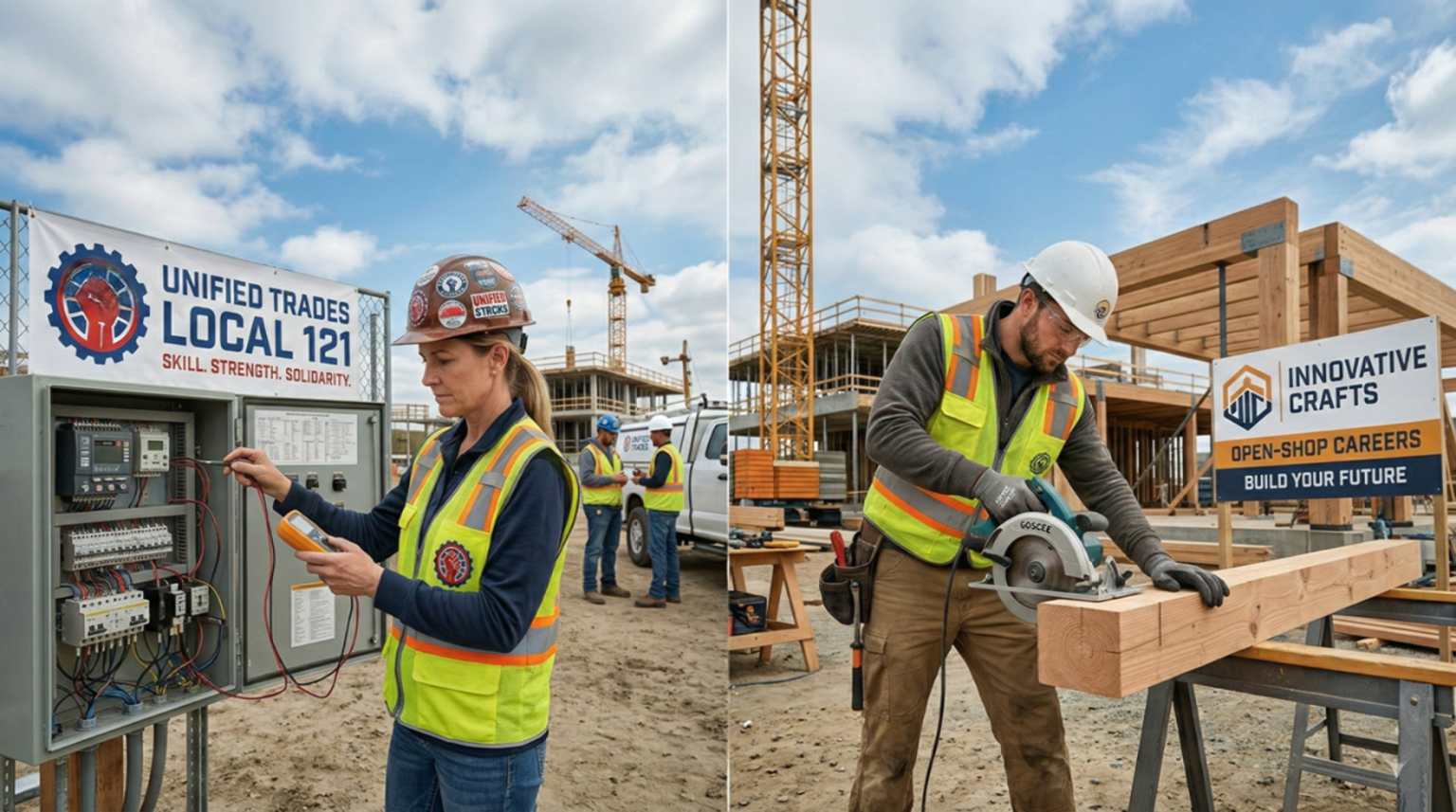 Two tradespeople on a job site representing union and open-shop career paths