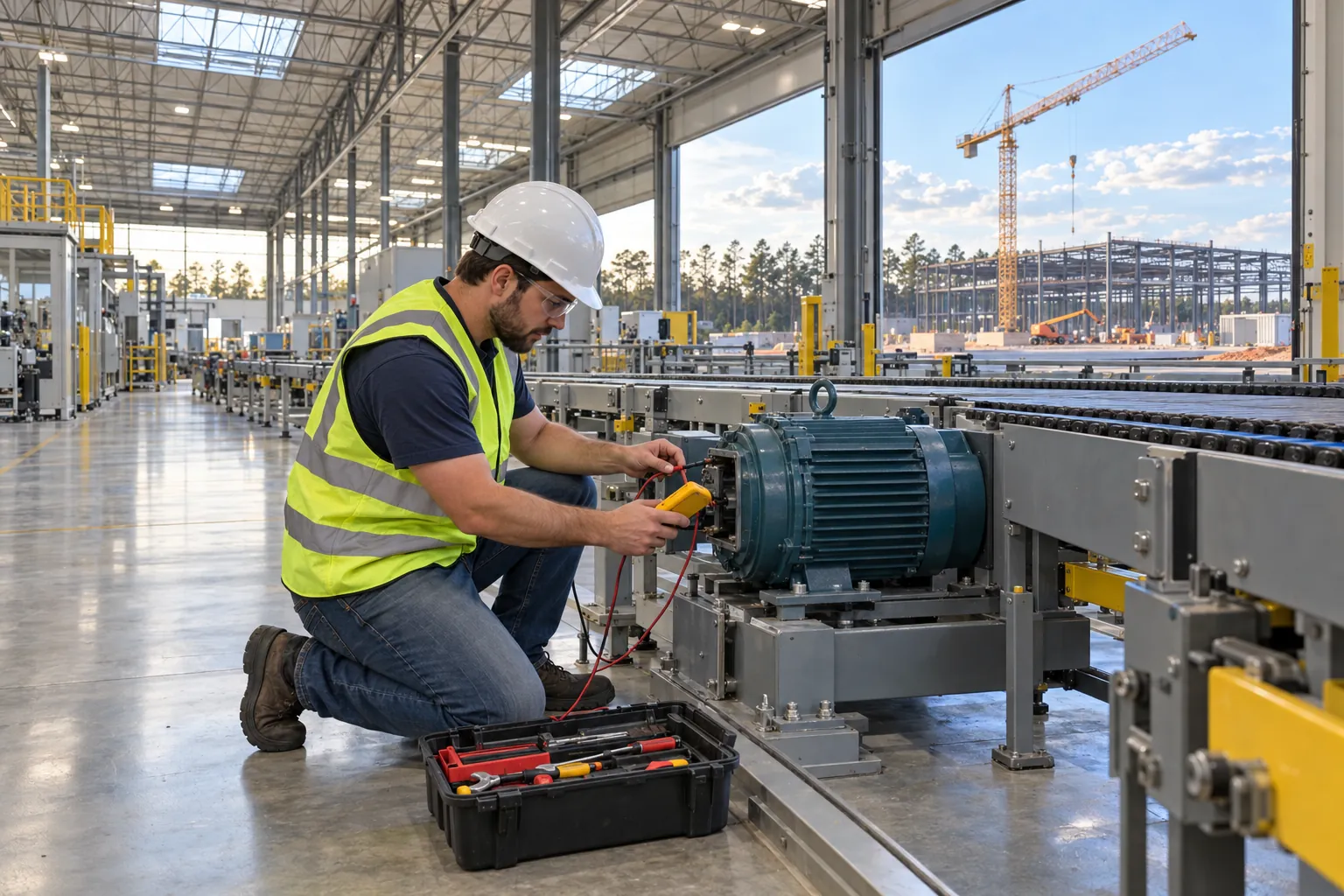 Industrial maintenance technician in a white hard hat and safety vest testing a large conveyor motor with a multimeter inside a new factory, with a tower crane and a steel-framed building under construction visible through the open loading doors