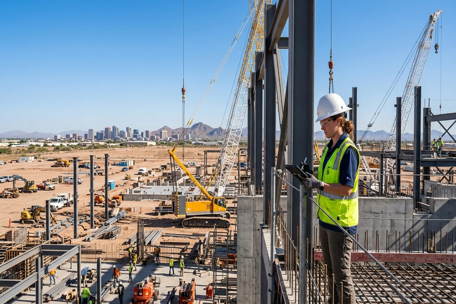 Construction workers on a large industrial job site in Phoenix, Arizona with a crane against a clear blue sky