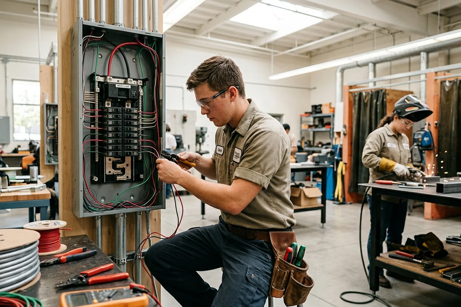 California trade school ranking badge with students in welding and electrical training workshops