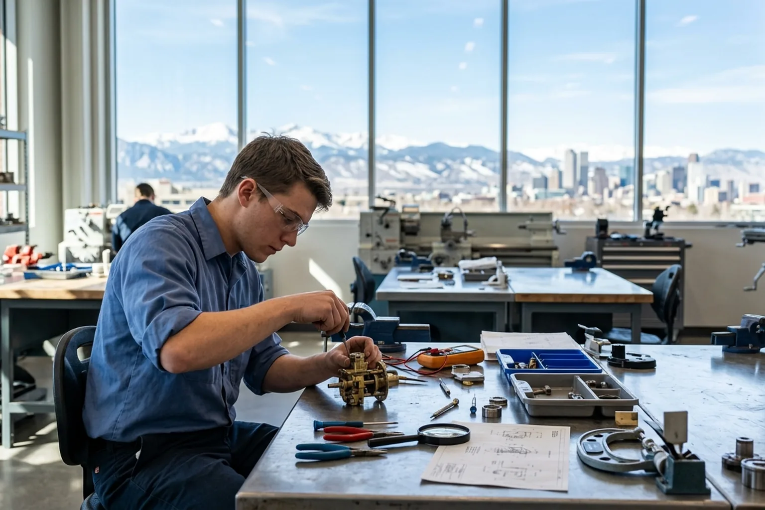 Colorado trade school student at a workbench with Rocky Mountains and Denver skyline in the background