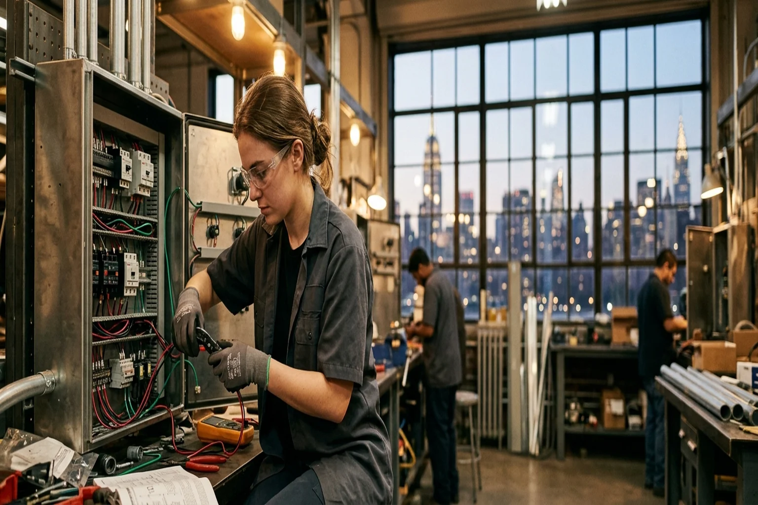 New York trade school student in electrical training with Manhattan skyline in the background
