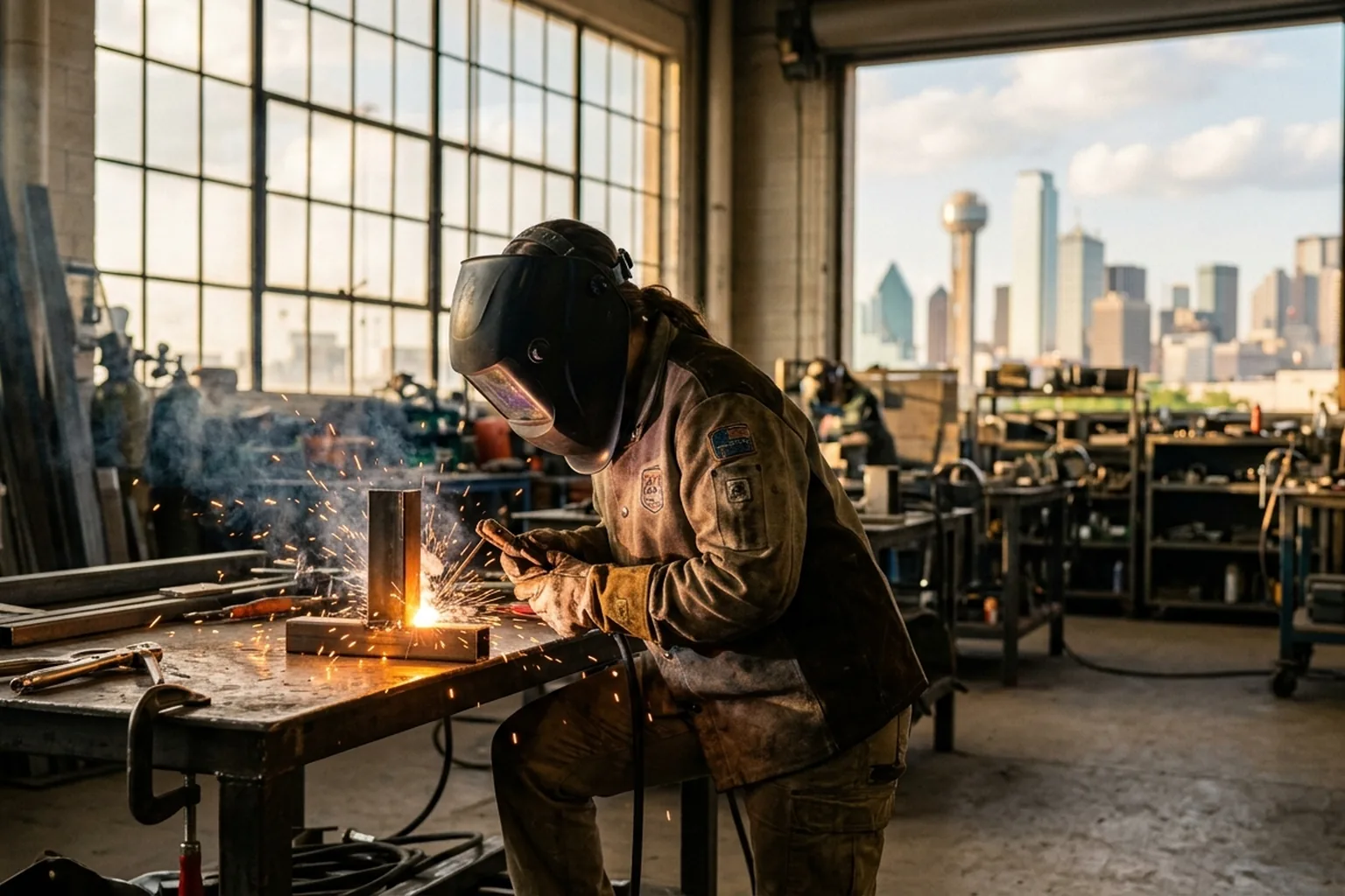 Texas trade school student welding with Dallas skyline and construction site in the background