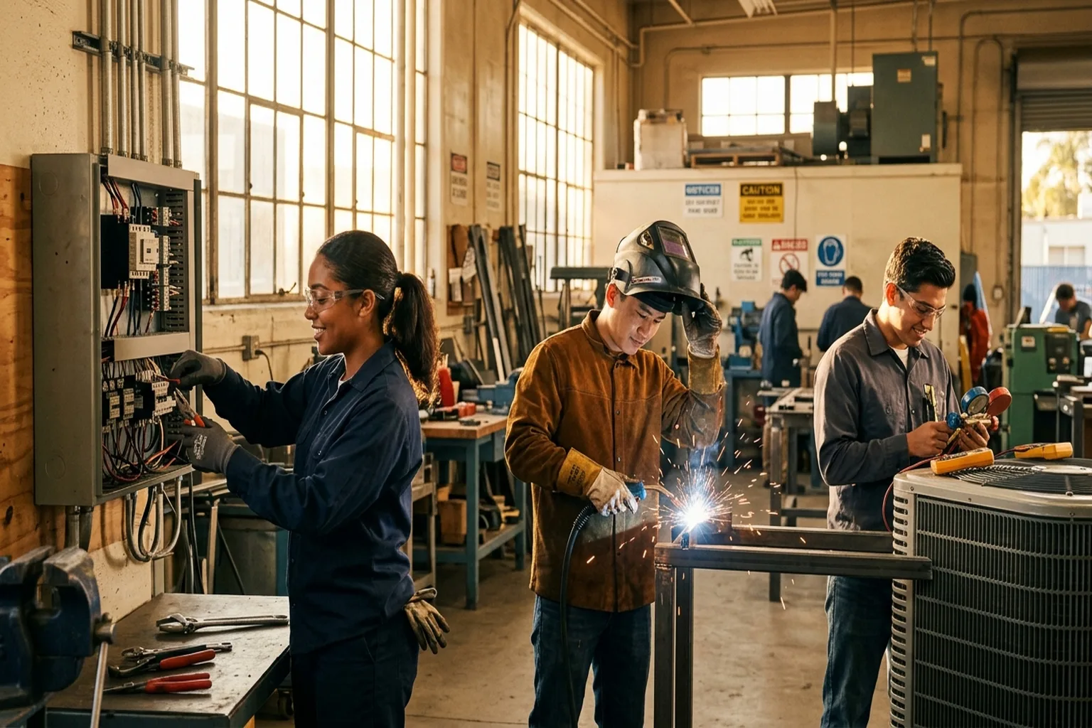 California trade school student working in a workshop with state landmarks in the background