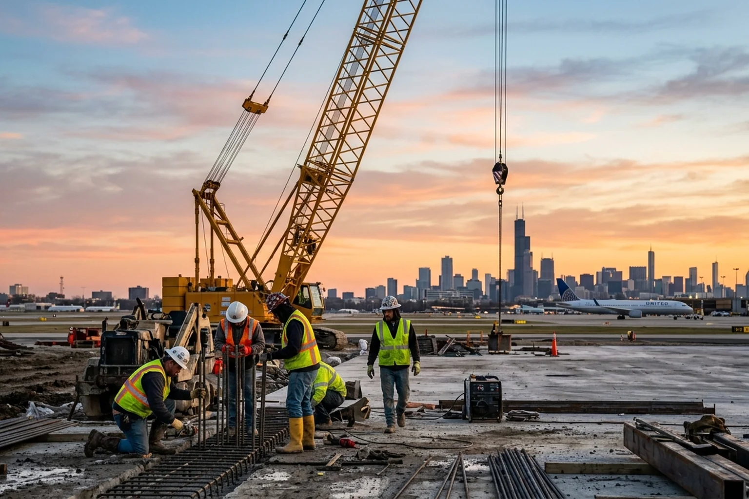 Construction workers at O'Hare International Airport with Chicago skyline visible in the background