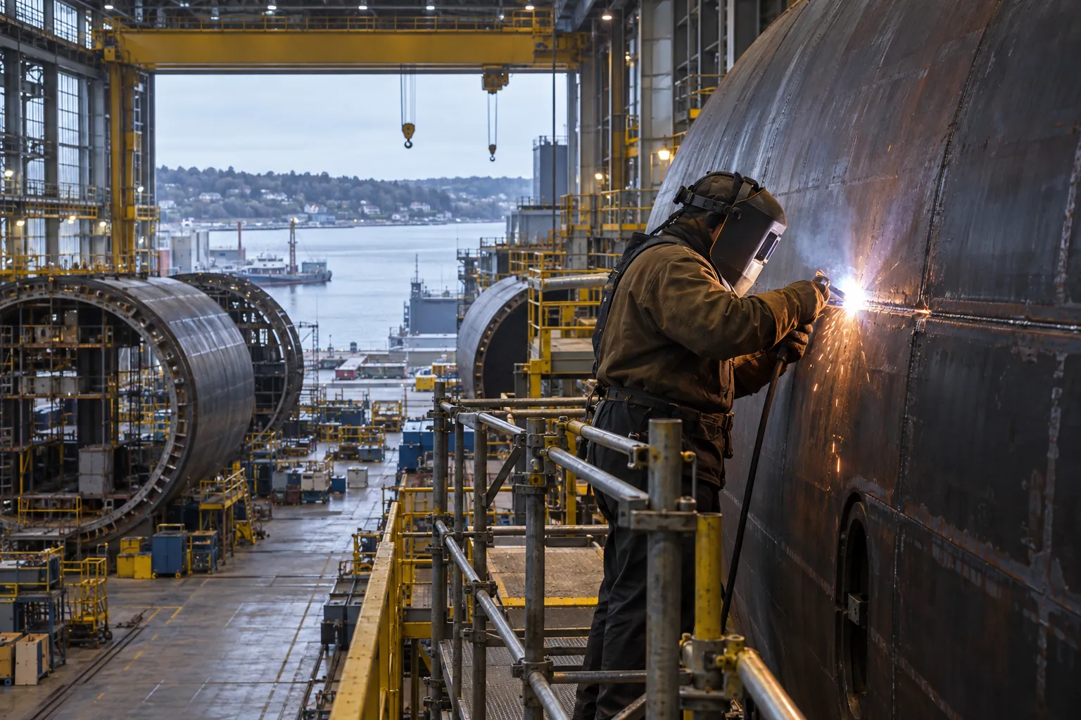 Shipyard welder in a welding helmet and flame-resistant jacket welding a seam on a giant cylindrical submarine hull section inside a large assembly hall, with overhead cranes and a grey harbor visible through the open hall door