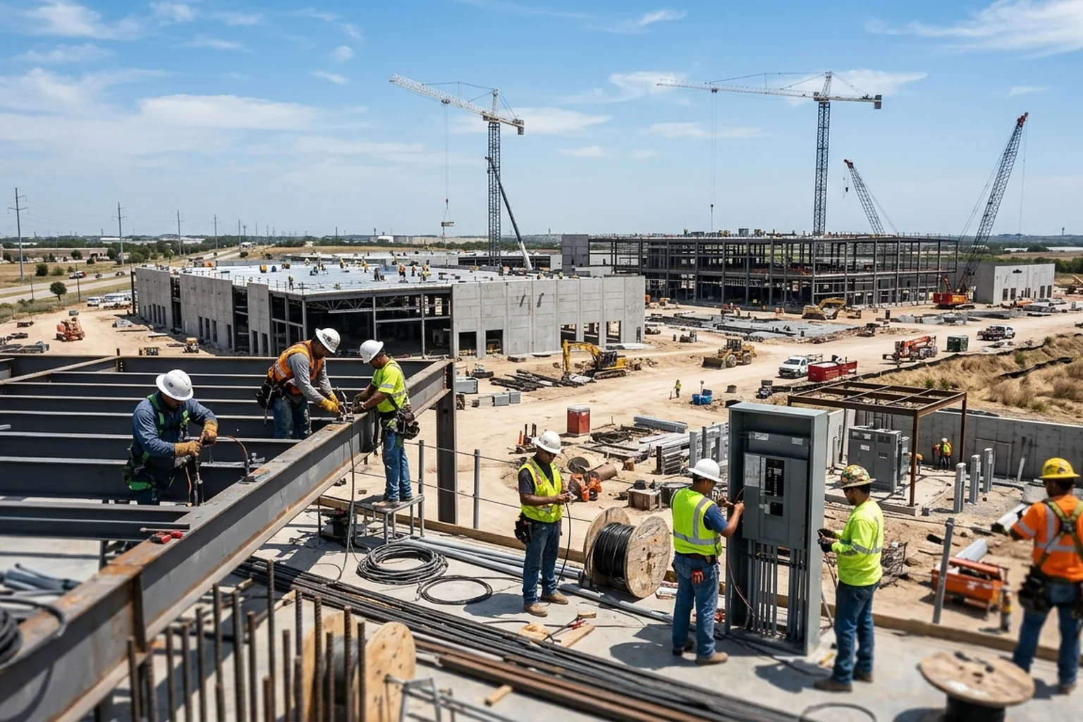 Construction workers on a large data center jobsite in suburban Dallas-Fort Worth with cranes against a blue Texas sky