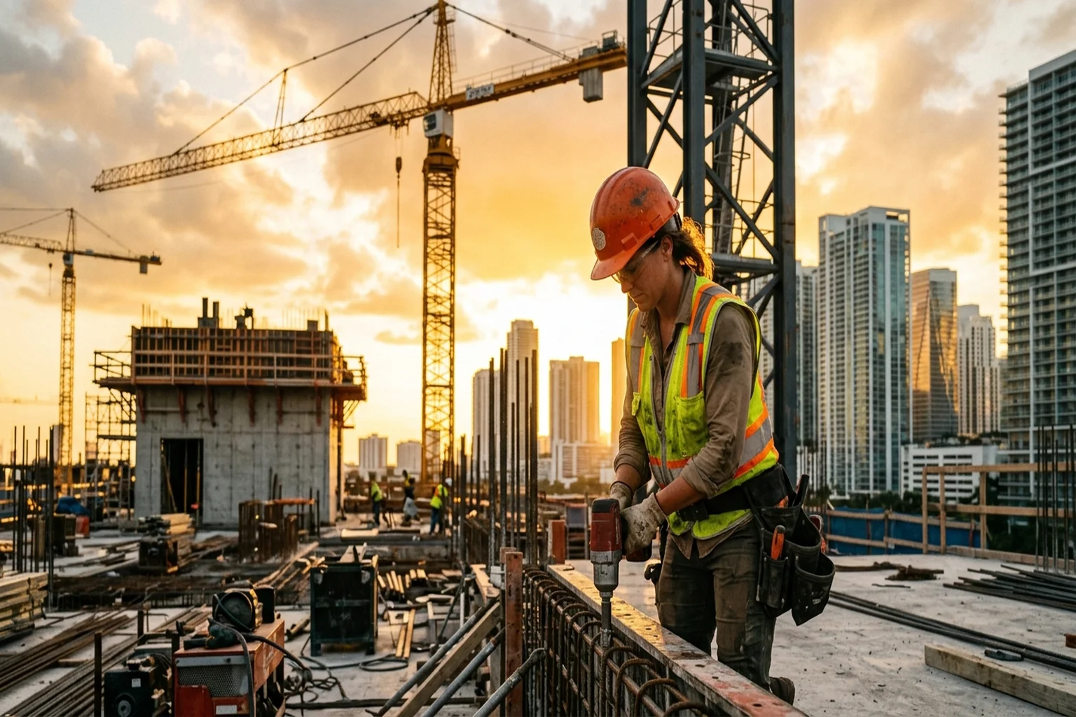 Skilled trades worker in Florida construction site with crane and modern buildings in the background