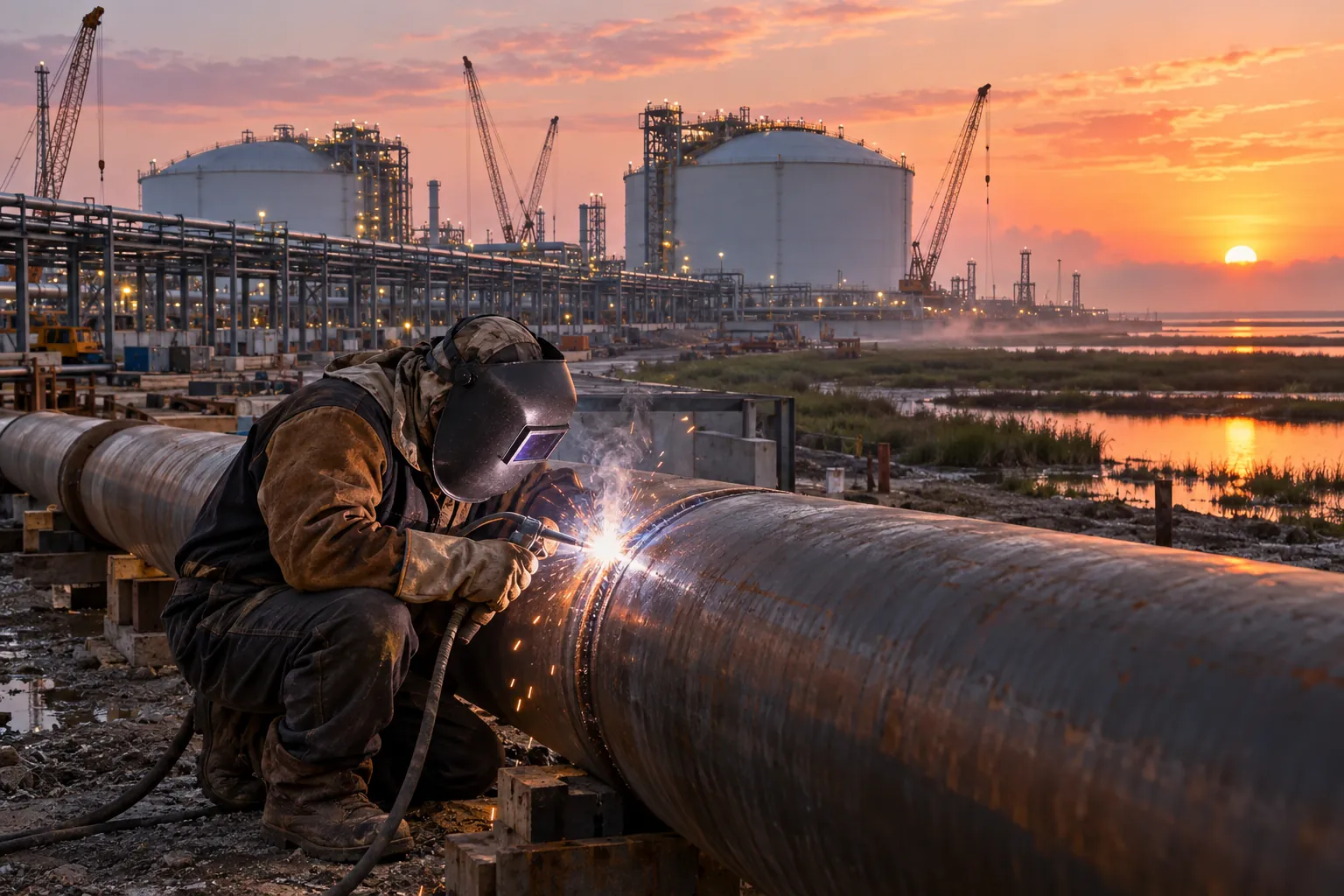 Welder in a welding helmet and work jacket welding a large steel pipe at a coastal LNG construction site at sunrise, with white storage tanks, pipe racks, cranes, and marshland behind