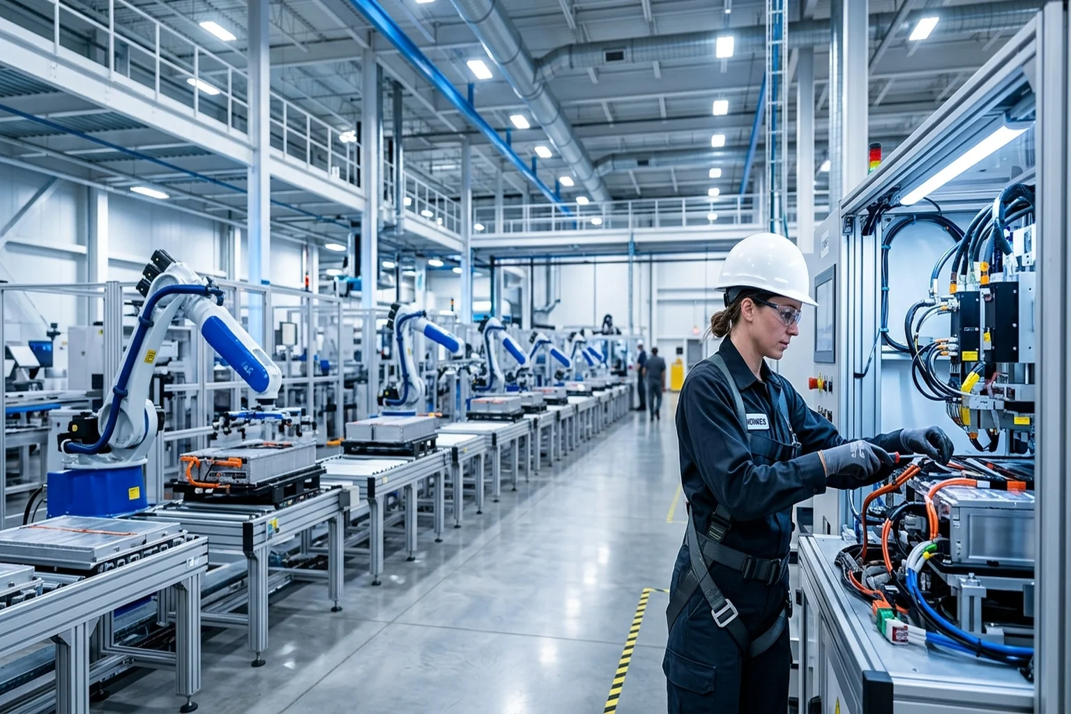 Industrial electrician working on EV battery assembly line equipment in a Michigan manufacturing plant