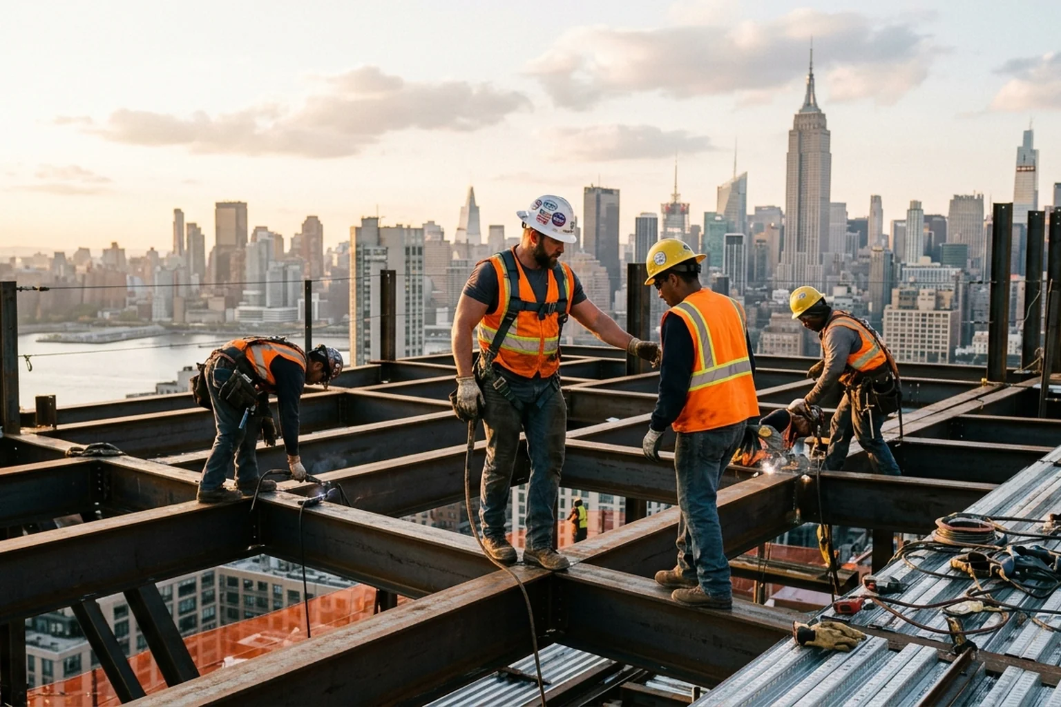 Construction workers on a high-rise jobsite in Manhattan with the NYC skyline behind them