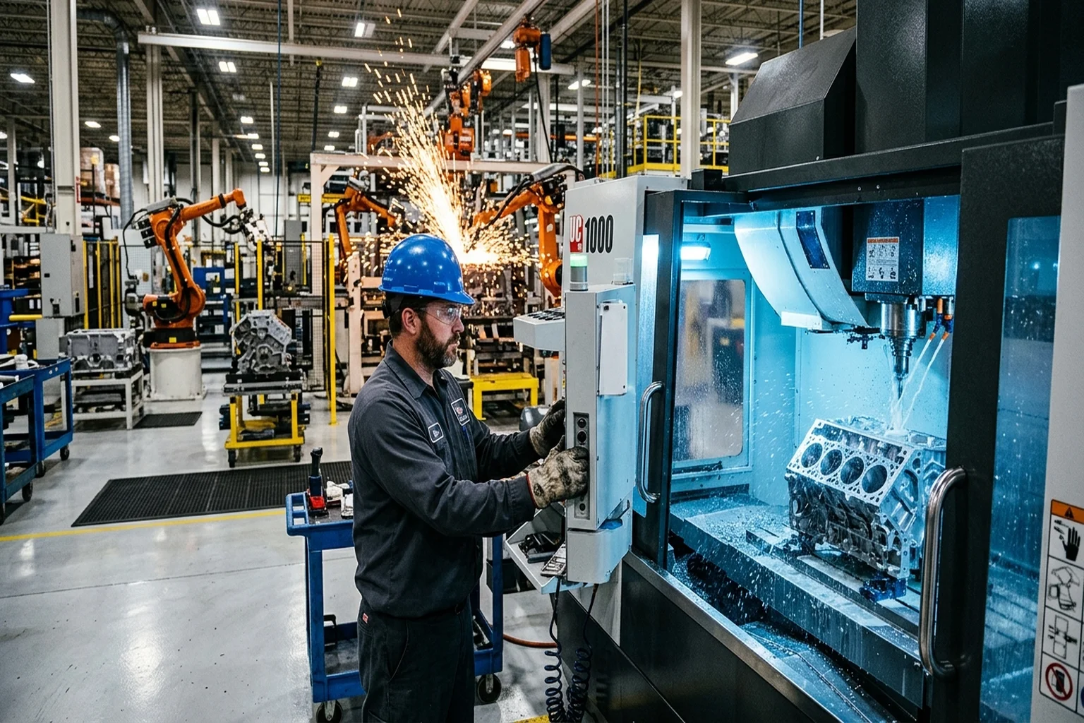 Industrial welder working on manufacturing equipment in an Ohio factory with sparks flying