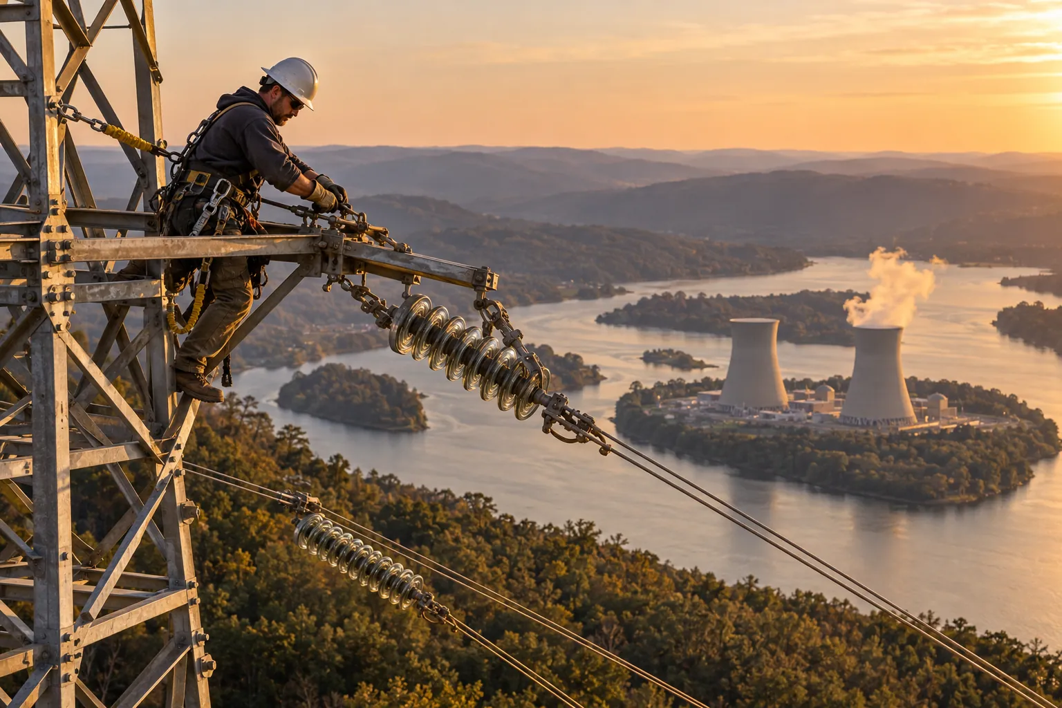 Lineworker in a white hard hat and fall-protection harness working on a steel transmission tower above a river valley, with a two-tower nuclear power station on an island at sunset