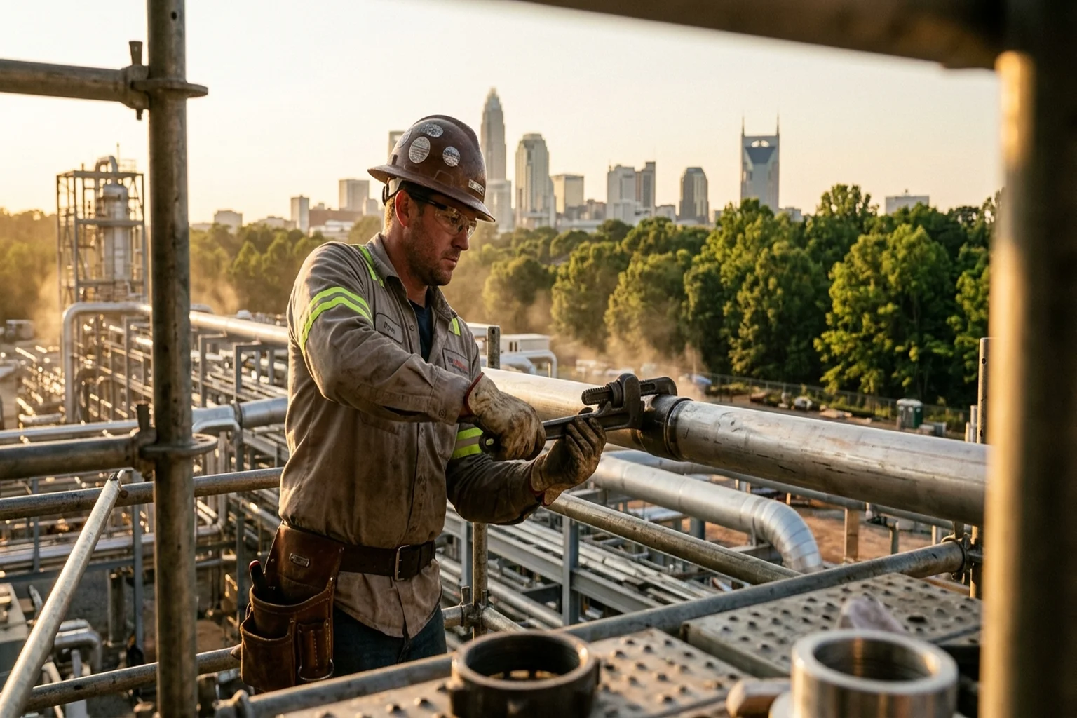 Industrial construction site in the Southeast with steel framing, cranes, and skilled tradespeople at work