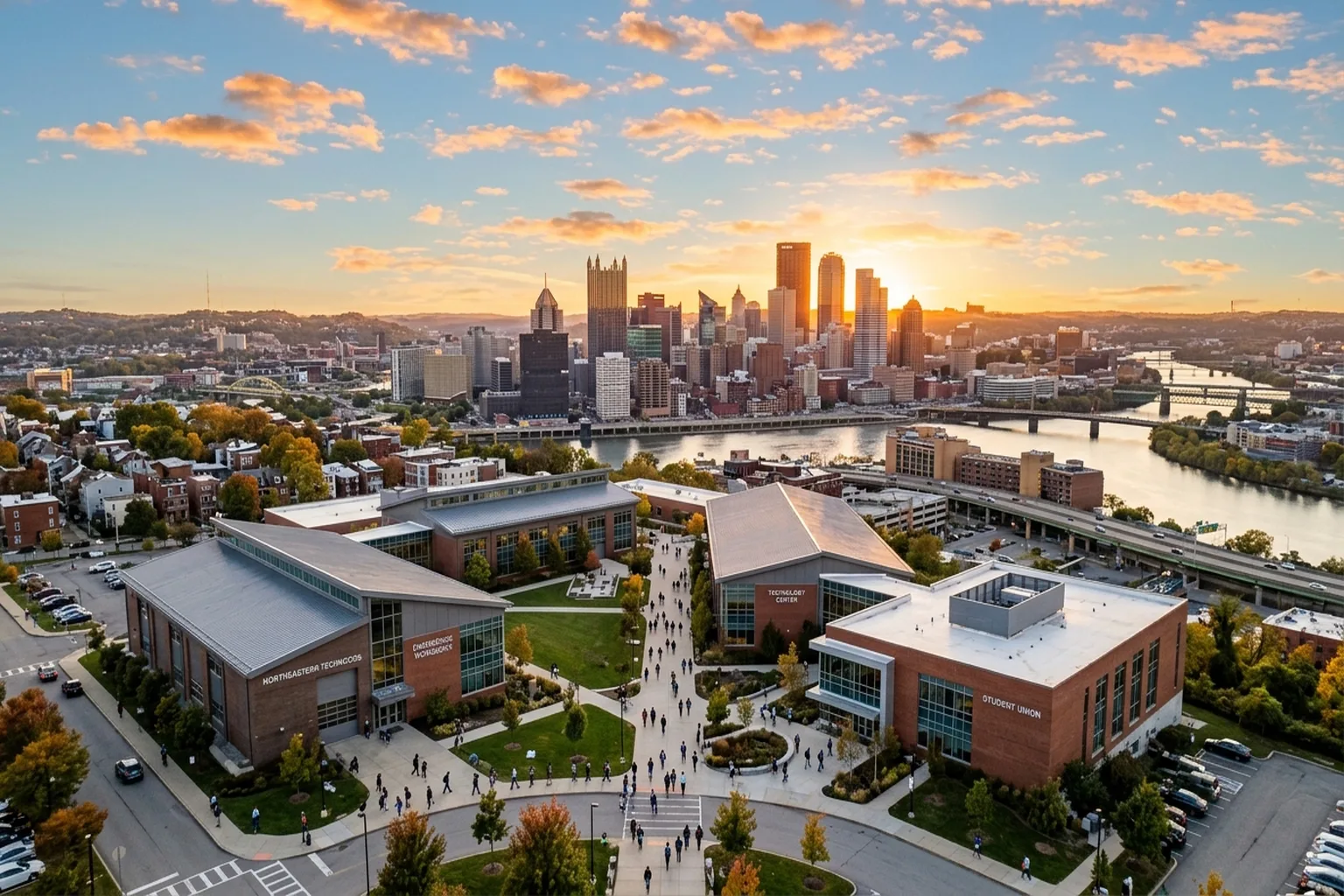 Aerial view of a modern American city skyline with trade school campus in the foreground