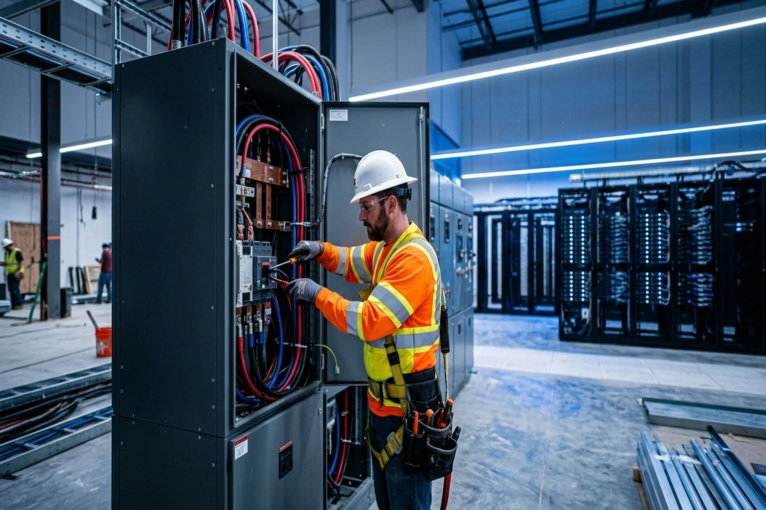 Electrician in a hard hat working on high-voltage switchgear inside a Northern Virginia data center under construction