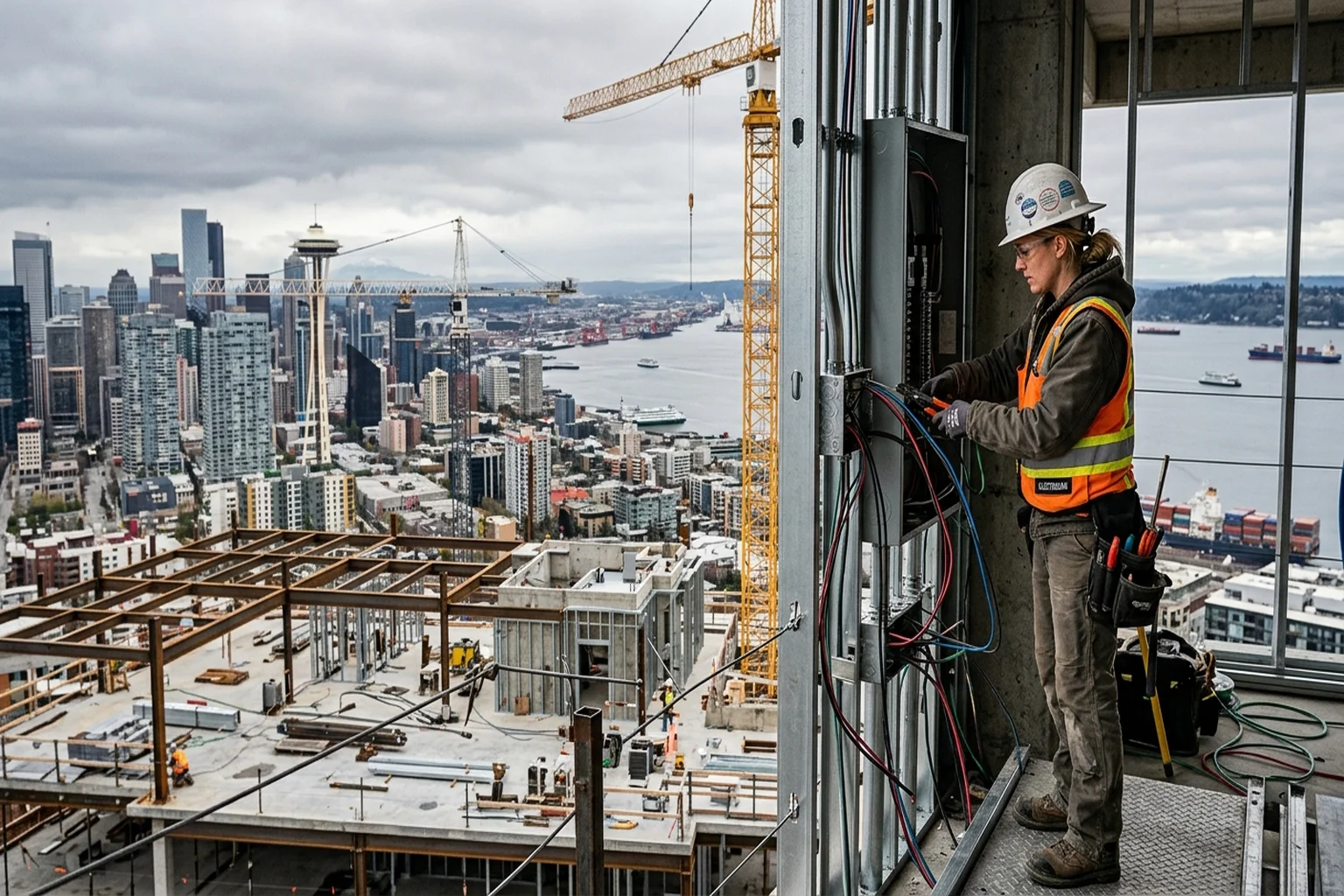 Skilled trades worker on a construction site in Washington State with Mount Rainier visible in the background