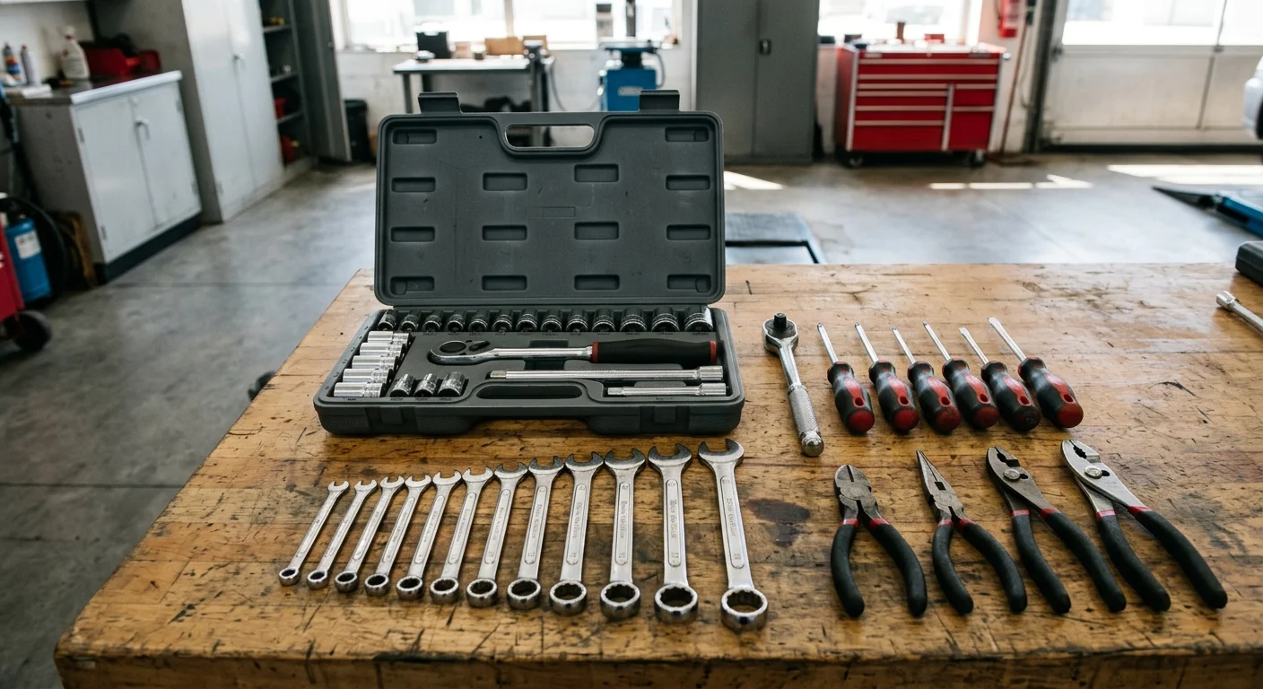Automotive technician hand tools on a workbench — socket set, ratchet, combination wrenches, screwdrivers, and pliers