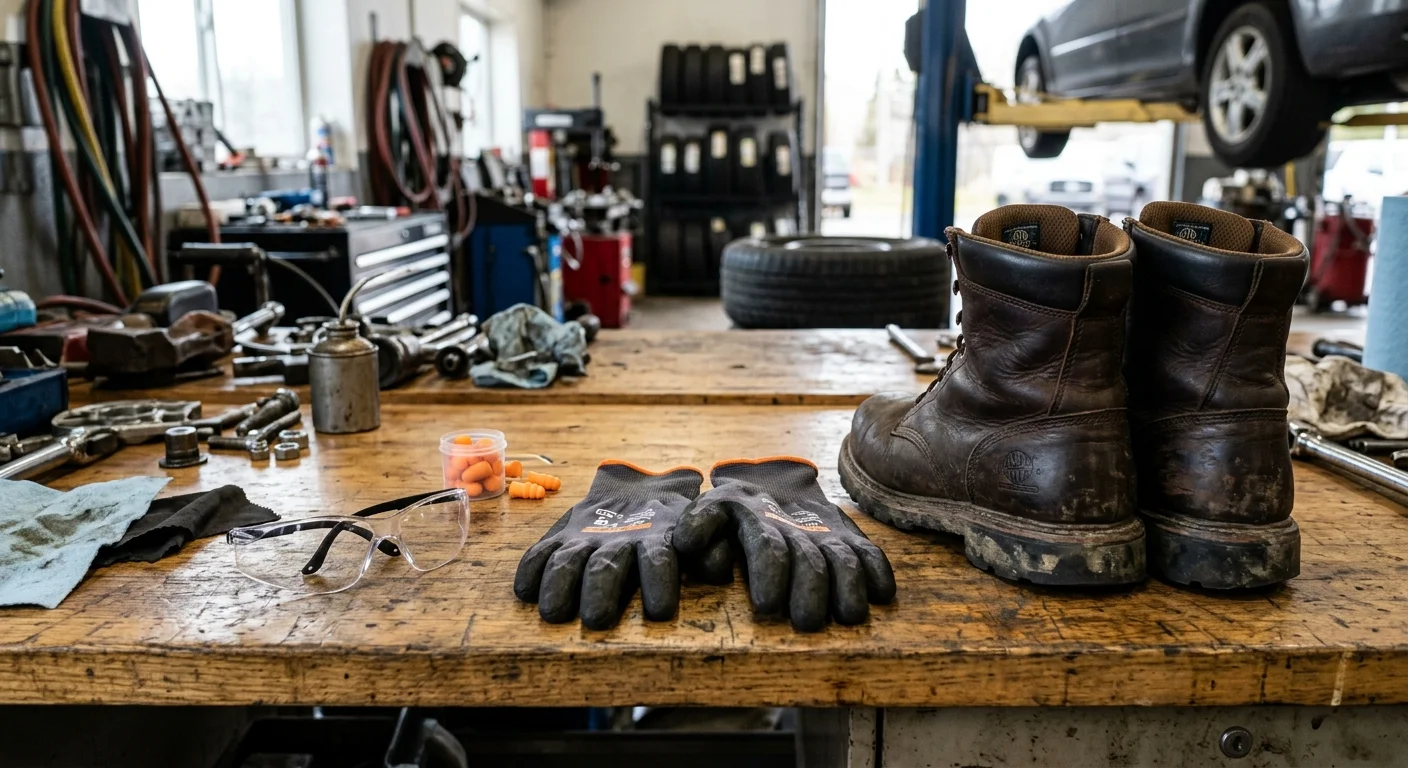Automotive mechanic safety gear — safety glasses, mechanic gloves, and steel-toe boots on a garage workbench