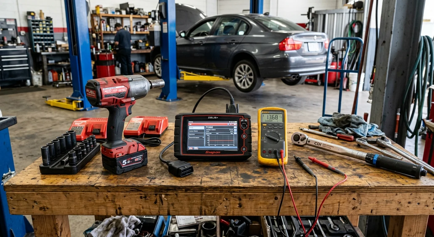 Automotive power tools and diagnostics — impact wrench, OBD-II scanner, multimeter, and torque wrench in an auto repair shop