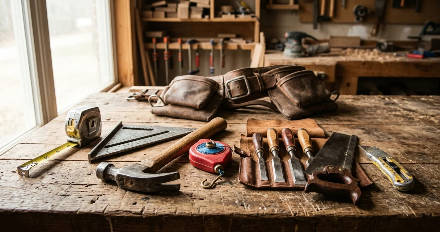 Carpentry hand tools arranged on a weathered wooden workbench — tape measure, speed square, framing hammer, chisels, utility knife, and a leather tool belt