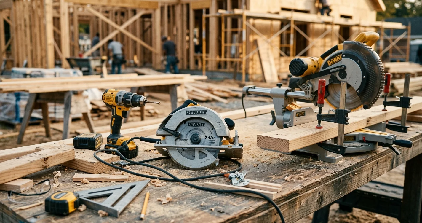 Carpentry power tools on a job site workstation — circular saw, sliding compound miter saw, cordless drill/driver, and bar clamps
