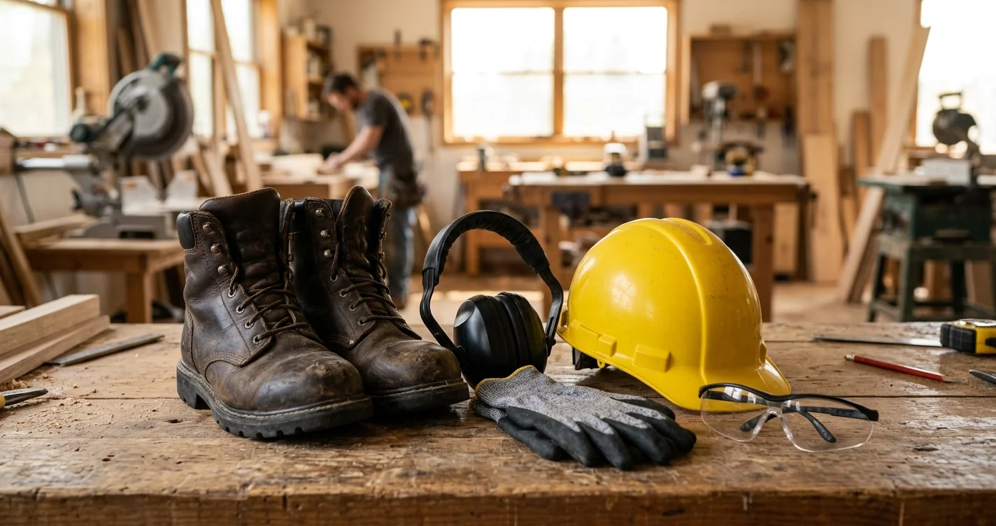 Carpenter safety gear on a workbench — steel-toe boots, over-ear hearing protection, yellow hard hat, work gloves, and safety glasses