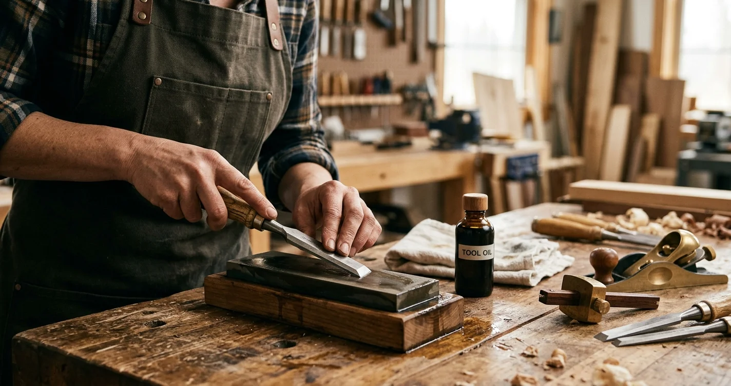 Carpenter sharpening a wood chisel on a whetstone with tool oil and maintained hand tools on a workshop bench
