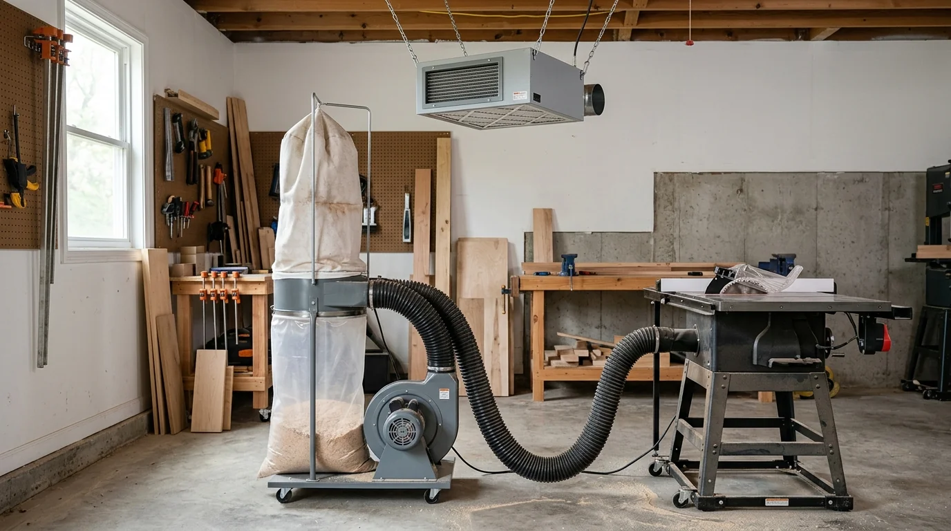 A small home shop dust collection setup — a single-stage 1.5 HP dust collector on wheels with upper filter bag and lower clear collection bag, a 4-inch flexible hose running to a contractor table saw, and a ceiling-mounted ambient air filtration unit suspended by chains