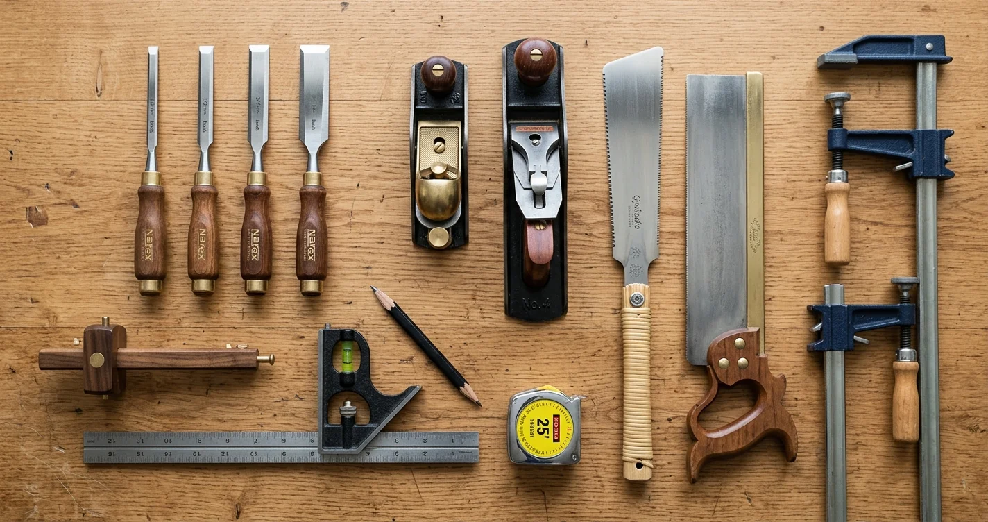 Essential carpentry hand tools laid flat on a wooden bench — four bench chisels, a block plane and a No. 4 bench plane, a 12-inch combination square, a marking gauge, a pencil, a tape measure, a Japanese pull saw, a brass-back dovetail saw, and two bar clamps