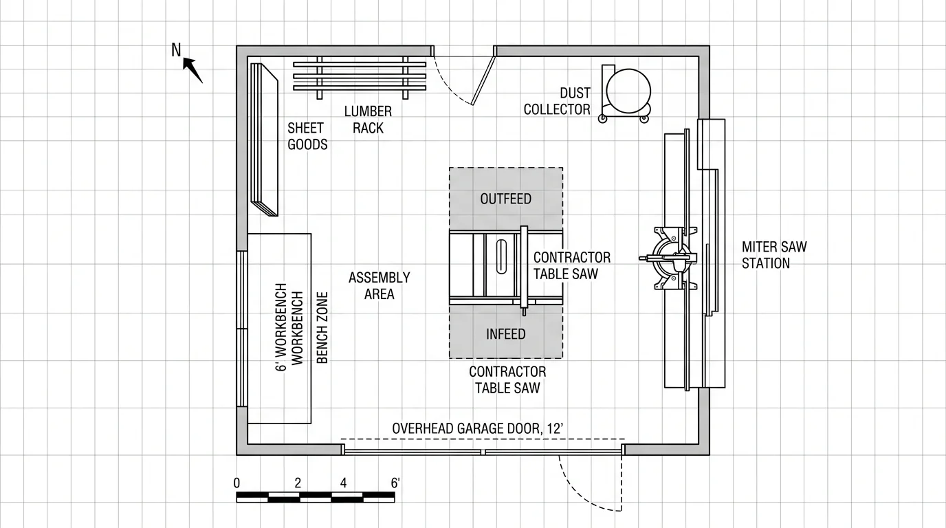 Top-down floor plan of a small carpentry workshop showing the table saw at the center with infeed and outfeed clearance, miter saw station against one wall, workbench and bench zone along another wall, lumber rack and sheet goods storage, dust collector in the corner, and a 12-foot overhead garage door