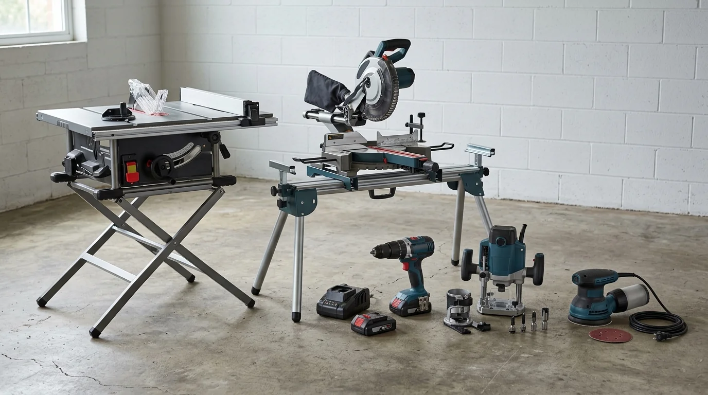 The five essential carpentry power tools — a contractor table saw on a folding stand, a 10-inch sliding compound miter saw, a cordless drill/driver kit with batteries and charger, a plunge router with a fixed-base accessory, and a random-orbit sander