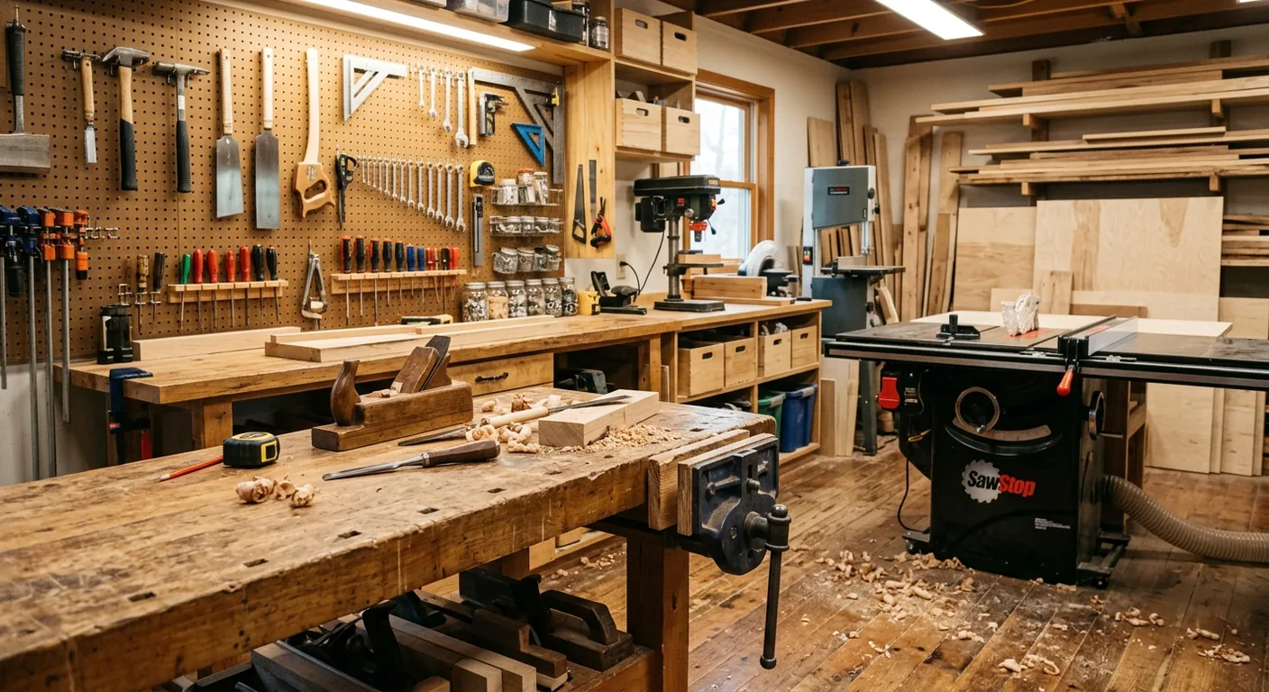 A well-organized home carpentry workshop with tools mounted on a pegboard wall