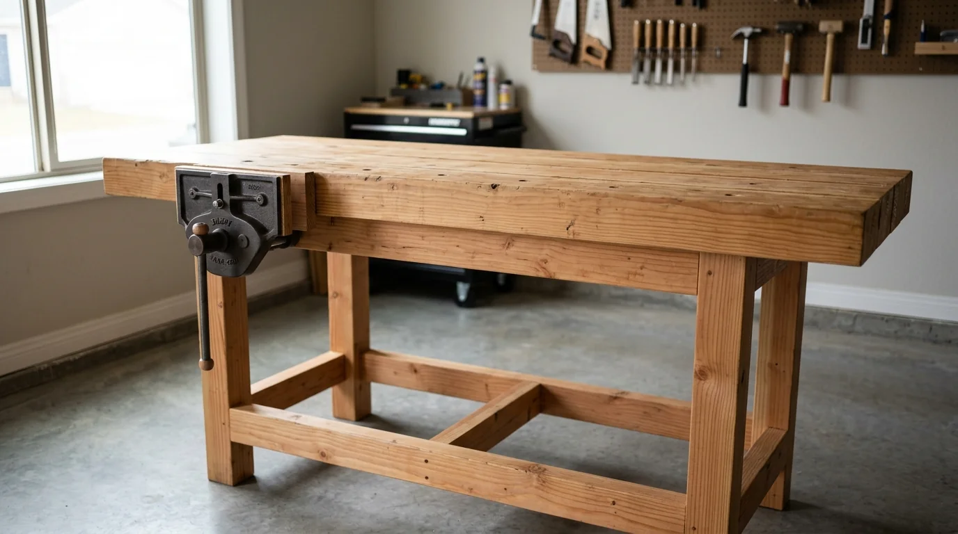 A sturdy DIY carpentry workbench built from construction lumber — a thick laminated 2x8 top on a 2x4 frame with a heavy cast iron front vise mounted on the left end