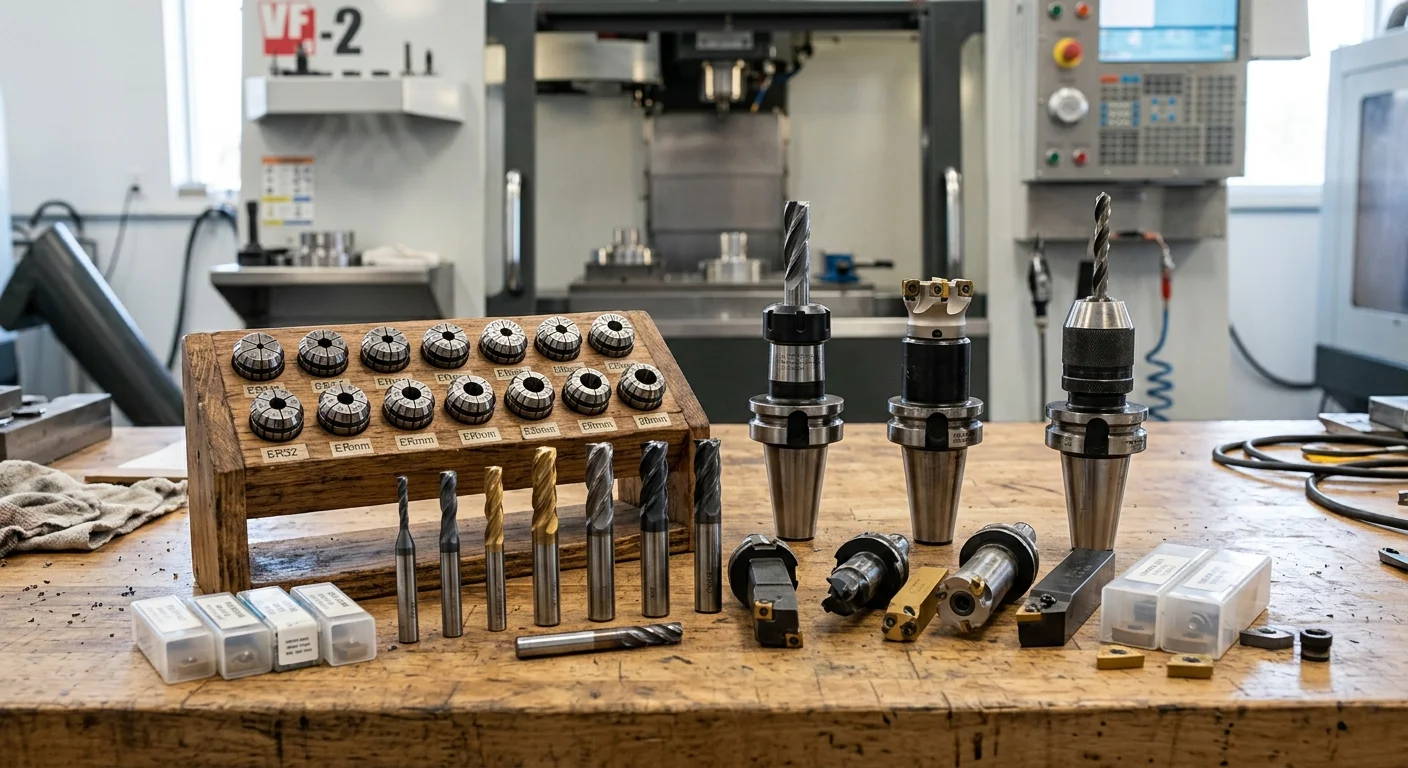 CNC cutting tools and toolholders — collet set, CAT tool holders, end mills, and carbide inserts arranged on a workbench