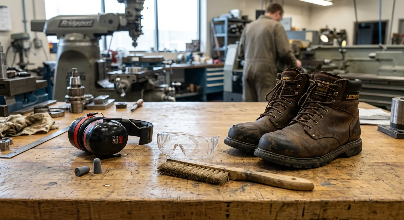 Machinist safety gear on a workbench — hearing protection, safety glasses, earplugs, steel-toe boots, and chip brush in a machine shop