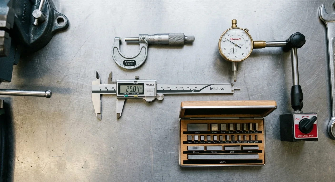 Precision measurement tools arranged on a metal workbench — digital caliper, outside micrometer, dial indicator, and gauge block set