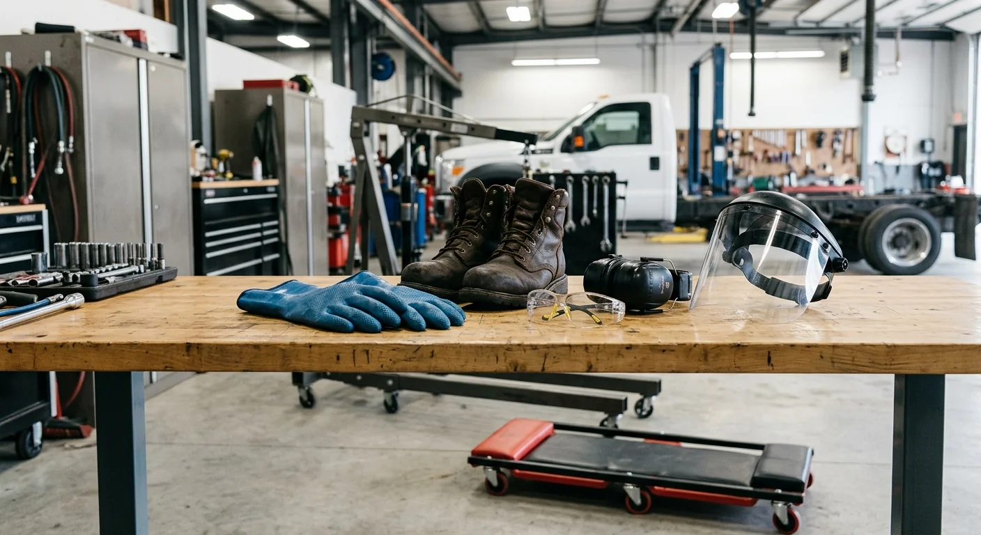 Diesel mechanic safety gear laid out on a workbench — chemical-resistant gloves, steel-toe boots, safety glasses, hearing protection, and a face shield with a mechanics creeper below