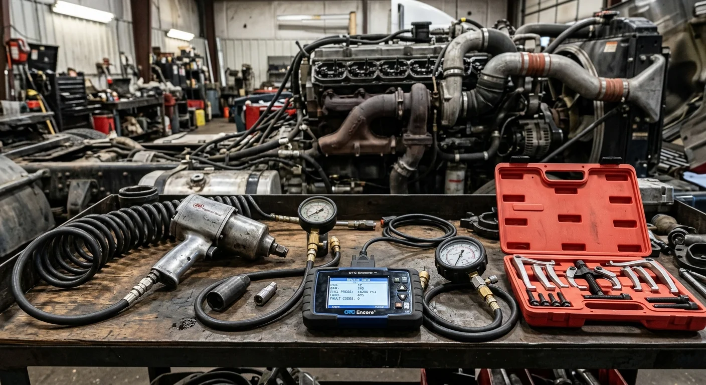 Diesel mechanic power tools and diagnostic equipment on a workstation — pneumatic impact wrench, diesel compression tester, scan tool, fuel pressure gauge, and bearing puller set with a diesel engine in the background
