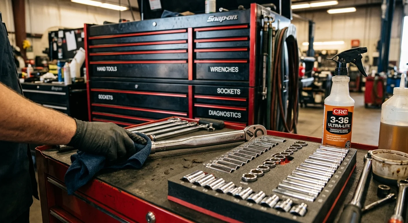 Diesel mechanic maintaining and organizing tools at a labeled tool chest — chrome sockets in foam trays, tool oil, and a steel cabinet with organized drawers