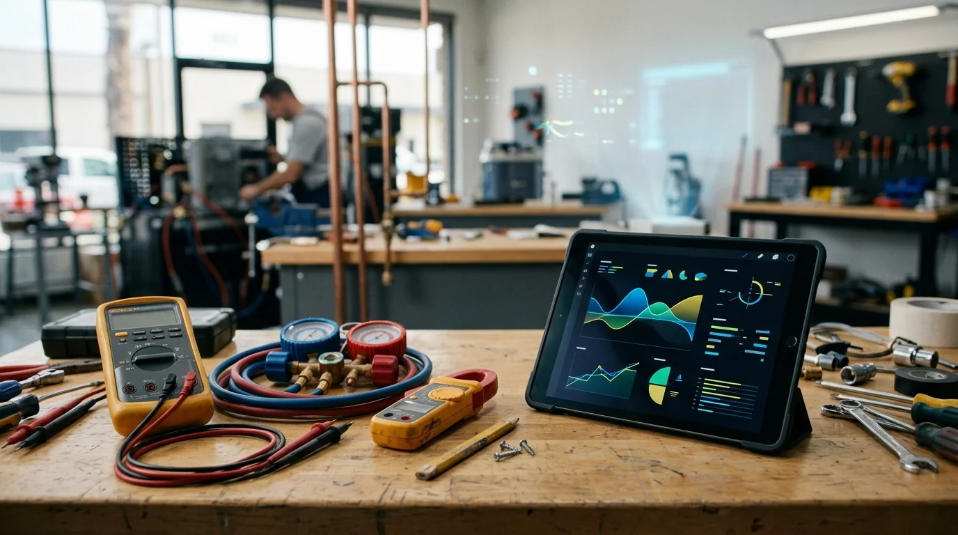An HVAC technician's workbench with a digital multimeter, manifold gauges with red and blue hoses, and a clamp meter beside a tablet showing an abstract data-visualization dashboard, with subtle glowing data points hinting at AI augmentation