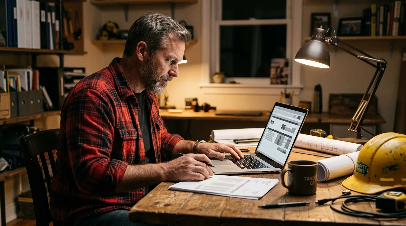 A trade business owner in a flannel work shirt at a wooden home-office desk under a warm desk lamp, reviewing a generic spreadsheet on a laptop with rolled blueprints, a coffee mug, and a yellow hard hat beside him