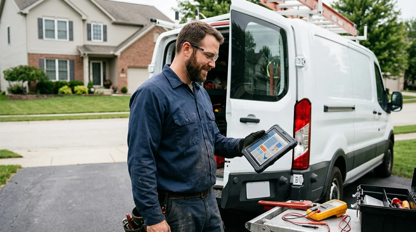 A trade contractor in a navy work shirt standing at the back of a service van in a suburban driveway, holding a rugged tablet displaying an abstract scheduling dashboard, with a multimeter and tools on the bumper