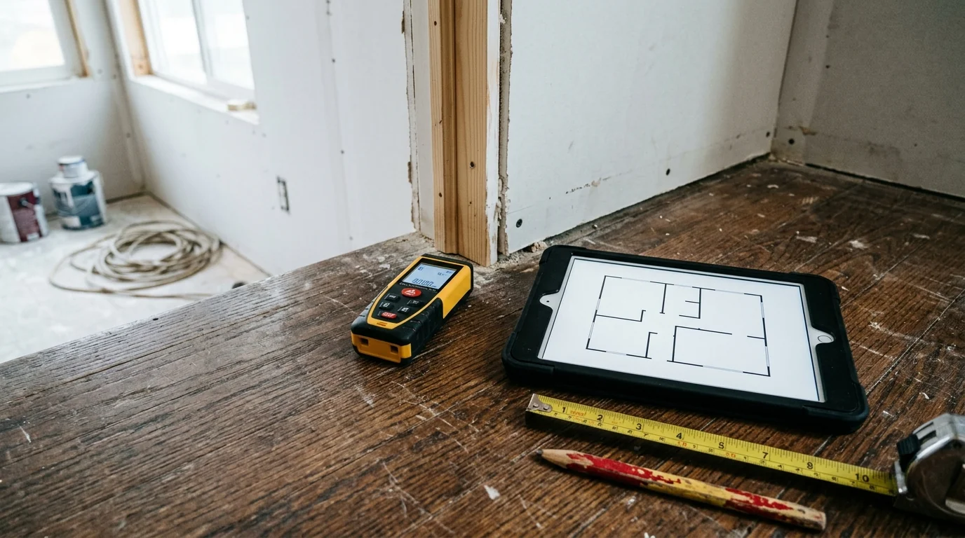 Yellow and black Bluetooth laser distance meter on a hardwood floor next to a tablet showing a simple line-drawing floor plan, with a folding measuring tape and pencil nearby in a partially renovated room