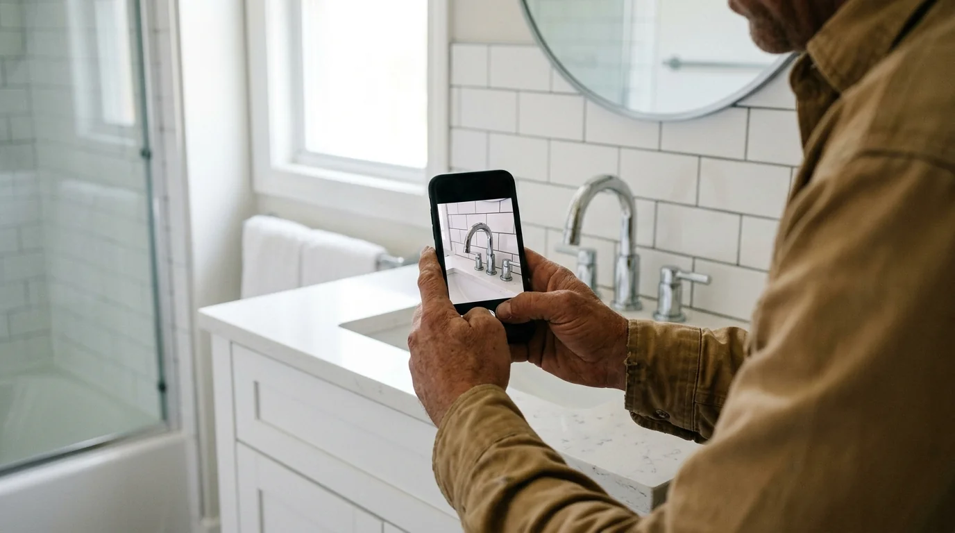 Close-up over-the-shoulder view of a contractor's hands holding a smartphone to photograph a freshly installed bathroom vanity with chrome plumbing fixtures and white subway tile