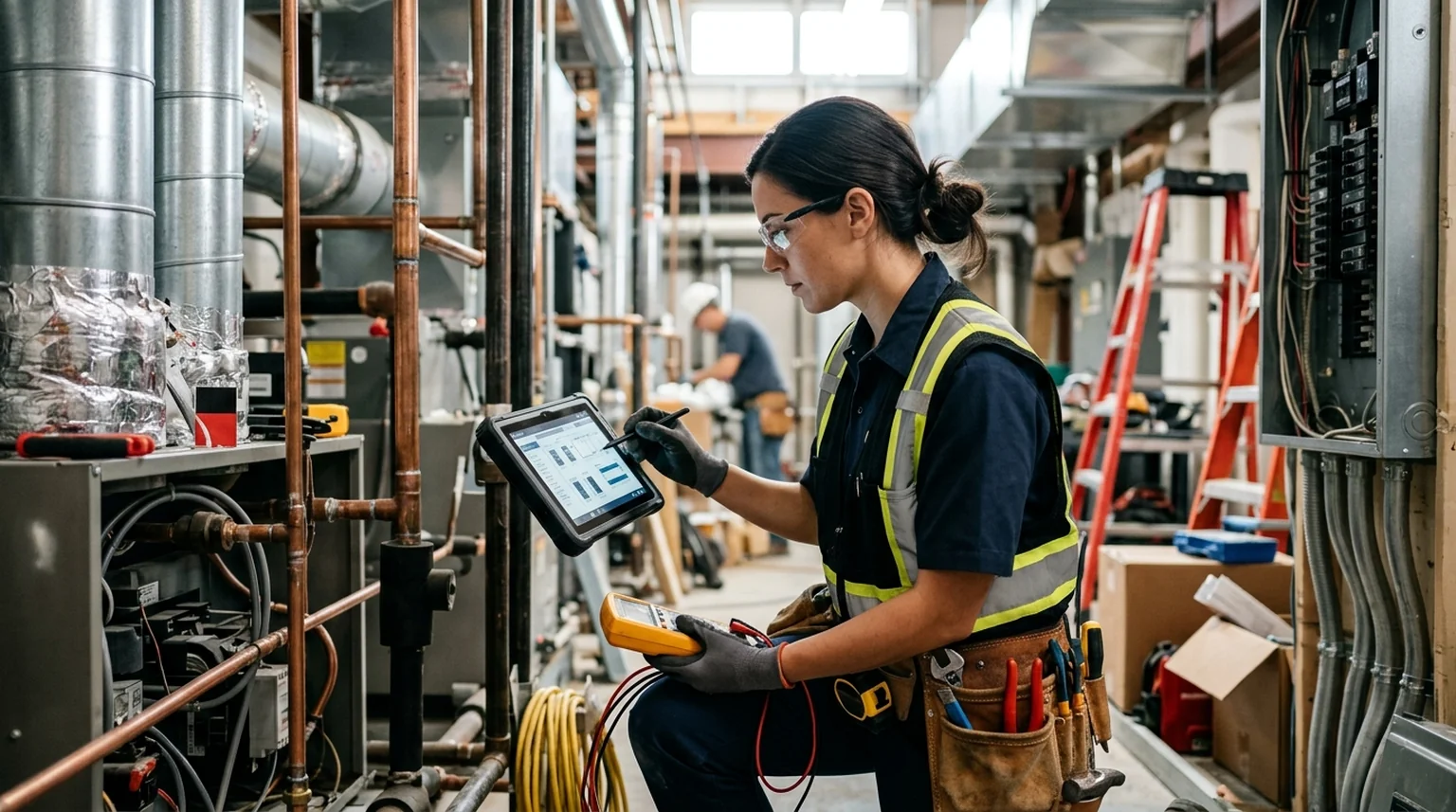 Trade professional using a tablet with digital tools on a job site