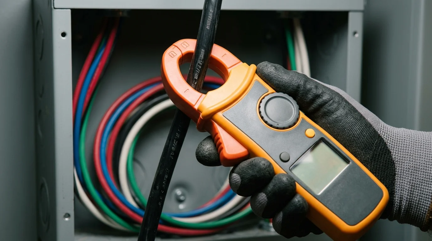 Gloved hand holding an orange and gray clamp meter with its open transformer jaw encircling a single thick black insulated conductor inside an industrial junction box, with red, blue, white, and green THHN wires visible behind