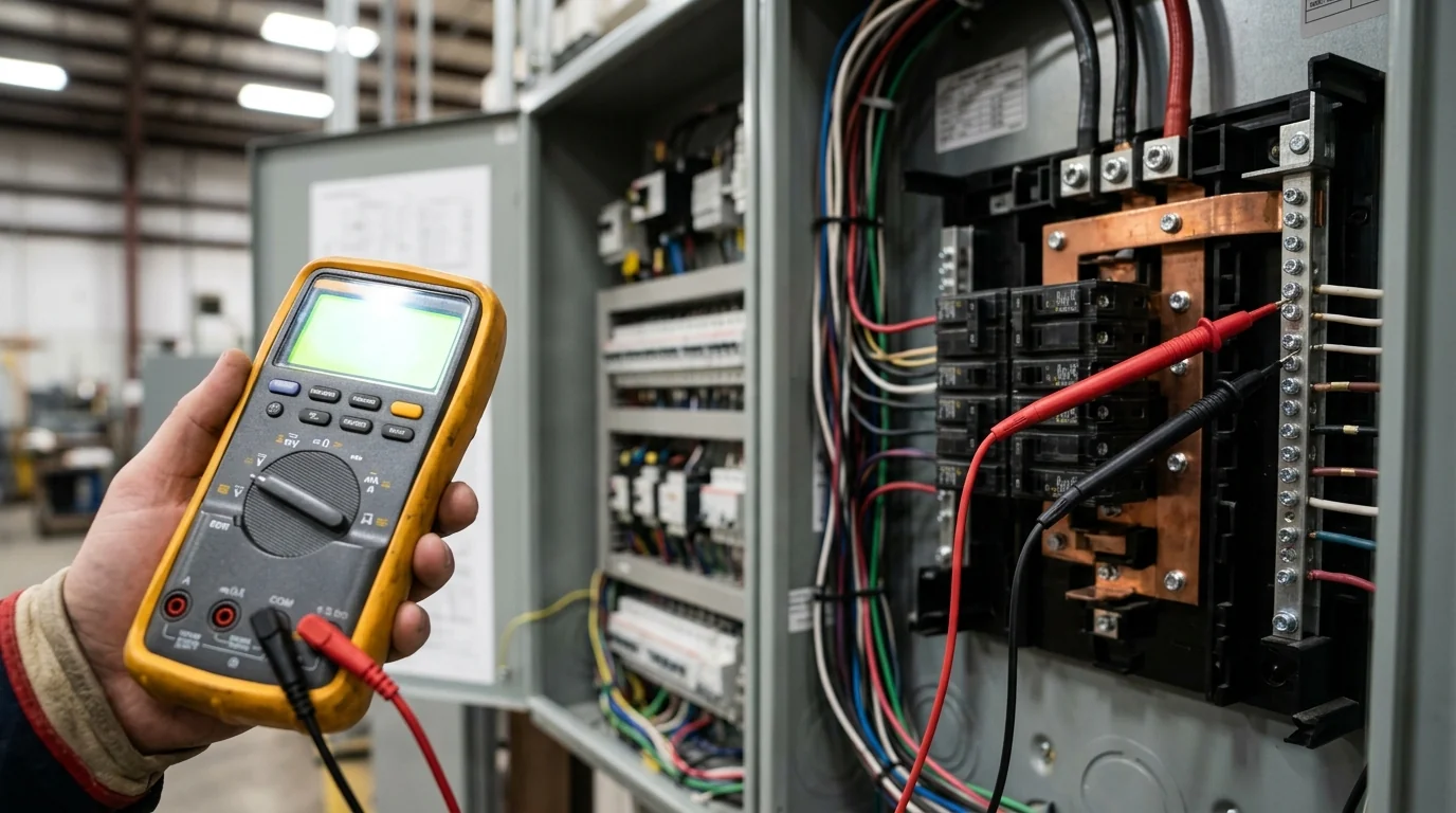 Electrician holding a yellow handheld digital multimeter with red and black test leads inside an open commercial electrical panel filled with circuit breakers, busbars, and color-coded conductors