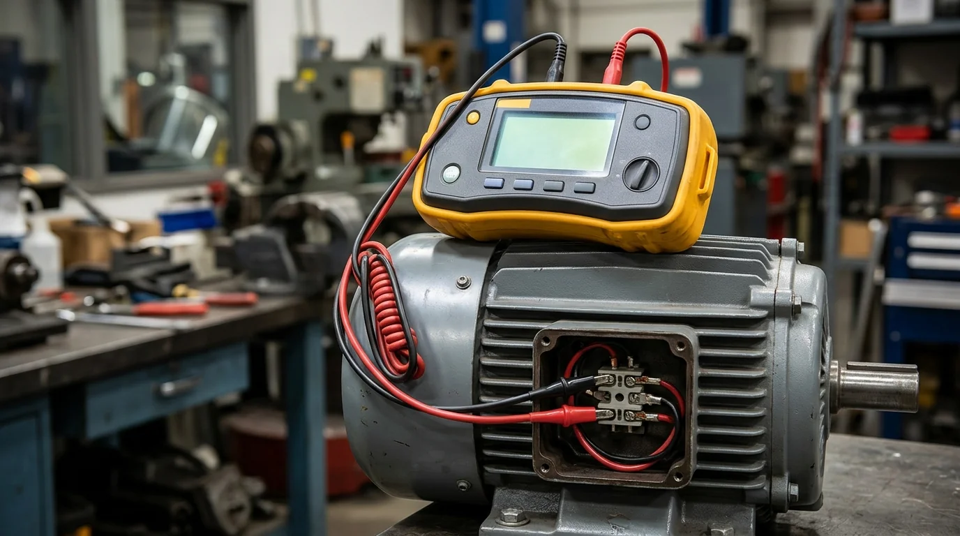 Yellow handheld digital insulation resistance tester resting on top of a gray industrial three-phase electric motor, with red and black coiled test leads and alligator clips connected to motor winding terminals inside an open junction box