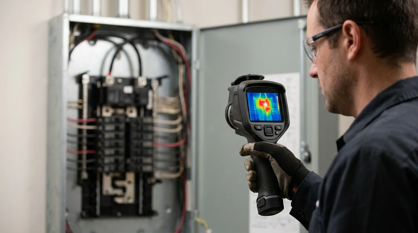 Electrician wearing safety glasses and a work glove holding a pistol-grip thermal imaging camera pointed at an open commercial circuit breaker panel, with the camera screen showing a blue-green-yellow-red heat map and a bright red-orange hot spot on one breaker